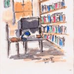line and wash sketch of personal library